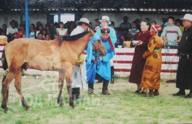 Зодог тайлах ёслолын үеэр хурдан хүлгийн хөлнөөс адис авч буй нь